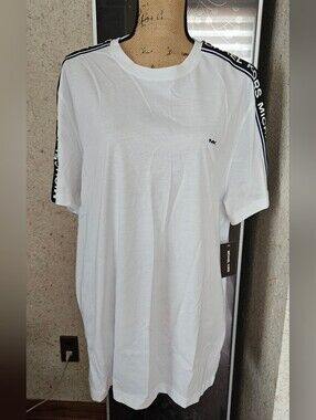 Michael Kors White Short-Sleeve Tee with Black Logo Shoulder Tape